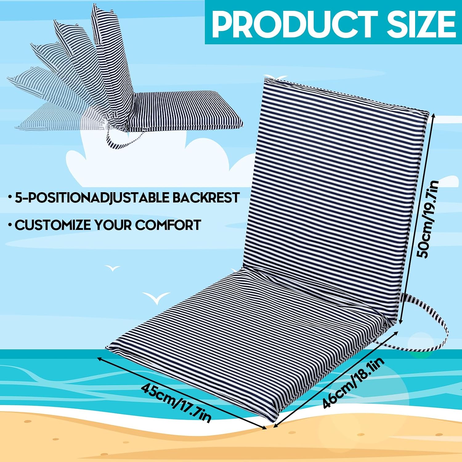 Geetery Foldable Beach Floor Chair Portable Low Seat Navy Stripe Poolside Chairs with Back Support and Carry Strap Thick Seat Cushion for Beach Camping Picnic Stadium Lawn Outdoors