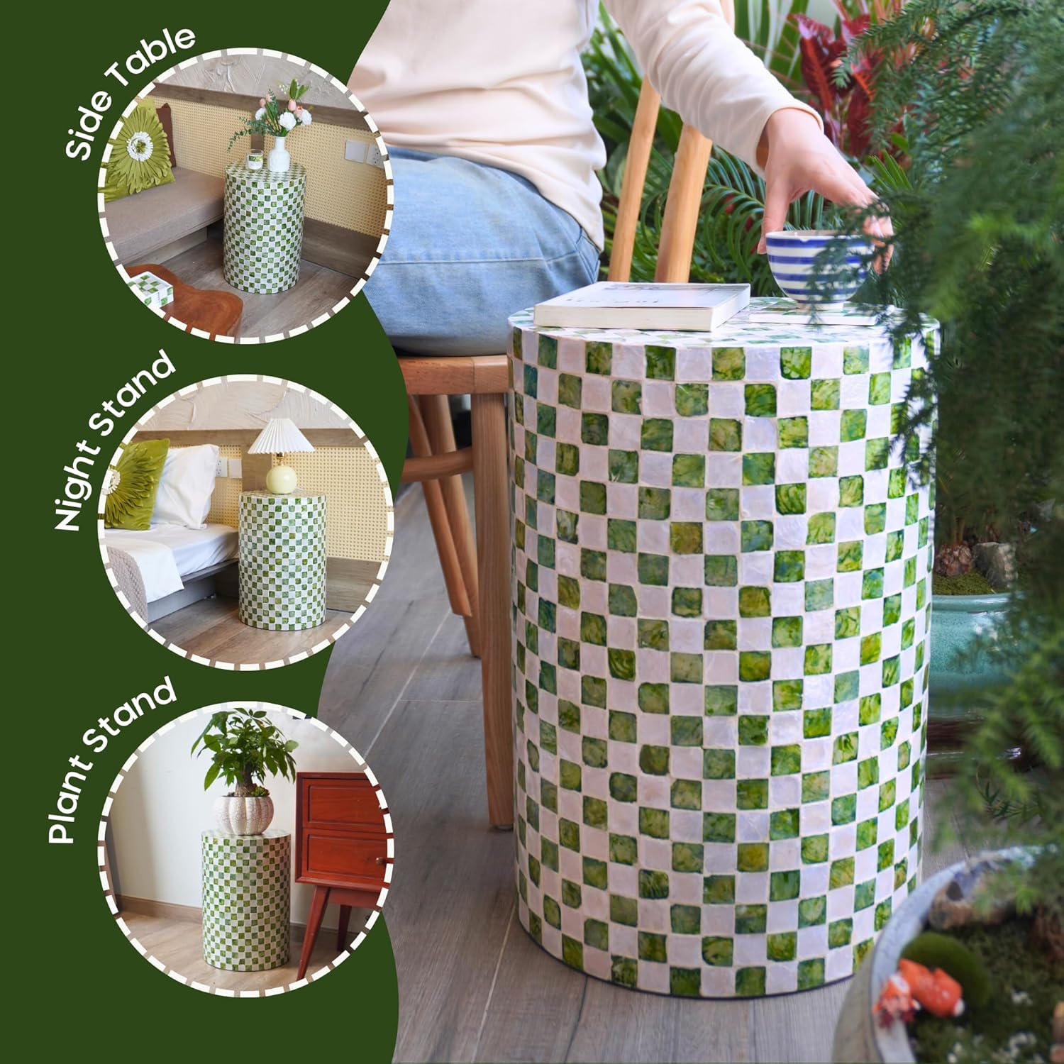 Chi An Home 19.3” Checkered Capiz Shells Drum End Table, Decorative Cylinder Side Table & Garden Stool, Round Pedestal Accent Table for Living Room, Bedroom, Indoor & Outdoor (Pistachio Green)