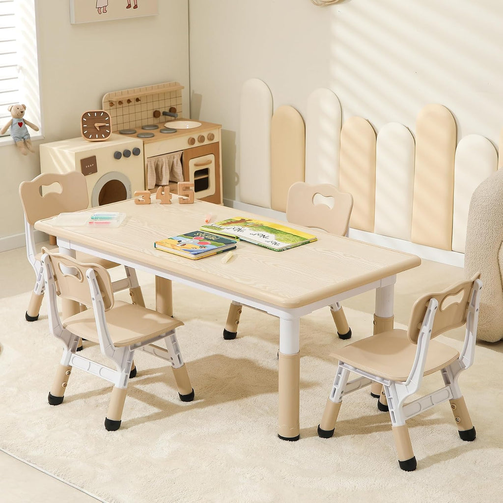 Hulaibit Kids Table and 4 Chairs Set, Height Adjustable Toddler Table and Chairs Set, Graffiti Desktop Children Activity Table for Ages 3-8, Daycare, Classroom, Home