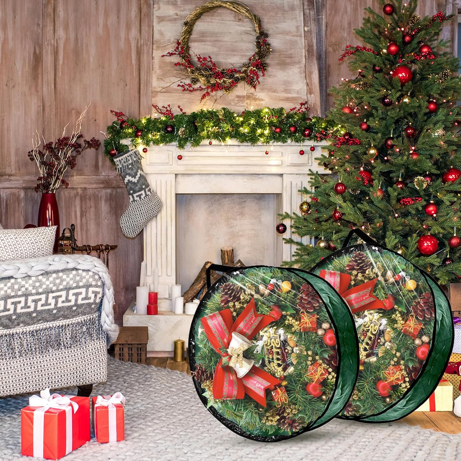 YAYODS 6 Pack Wreath Storage Container Bag, 24x8 Inch Christmas Wreath Storage Container Heavy Duty Christmas Wreath Boxes with Clear Window for Xmas Holiday Seasonal Wreath Garland (Green)