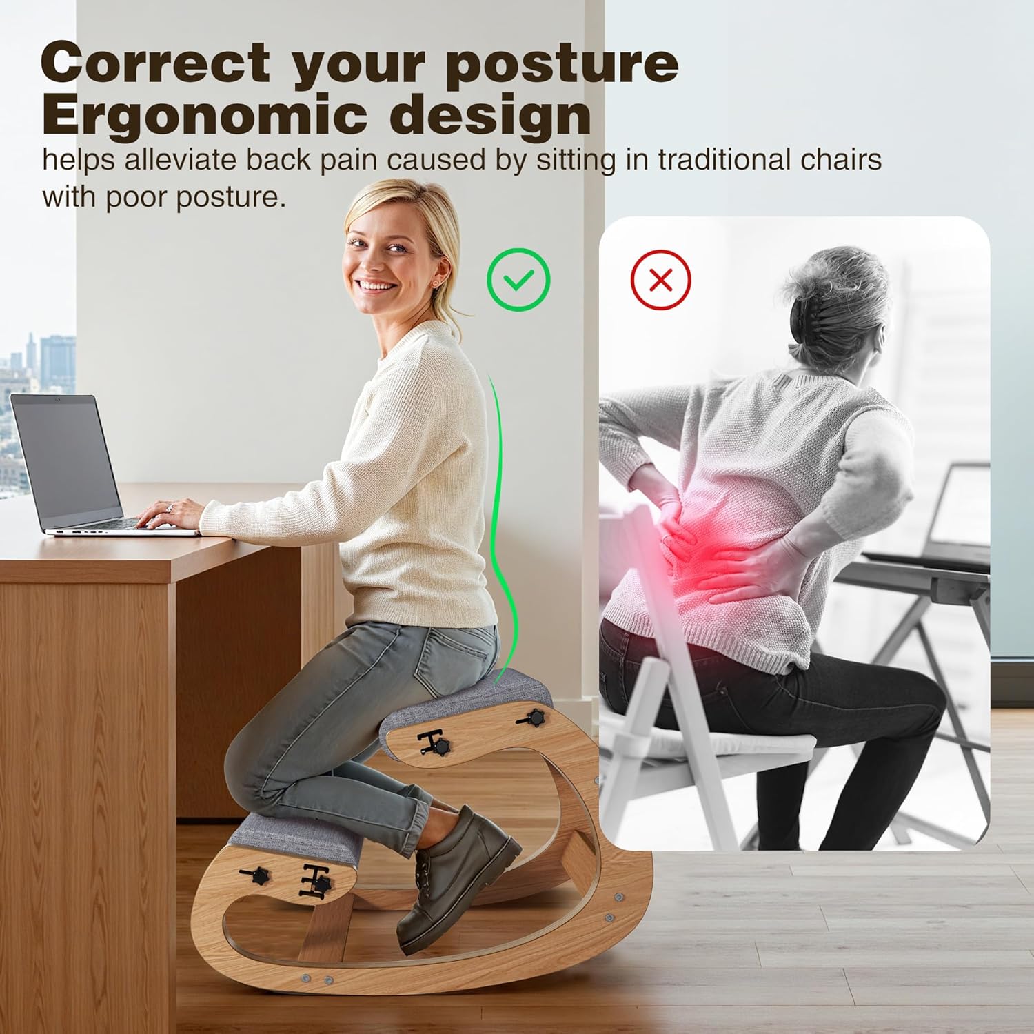 Ergonomic Kneeling Chair with Wooden Frame - Adjustable Height Office Chair with Soft Padding for Back Pain Relief, Posture Correcting Home & Office Desk Chair Wood