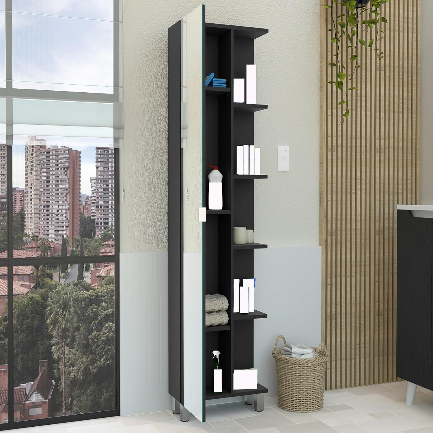 Modern Single Door Cabinet, Storage Cabinet with Five External Shelves and Four Interior Shelves,for Kitchen Home