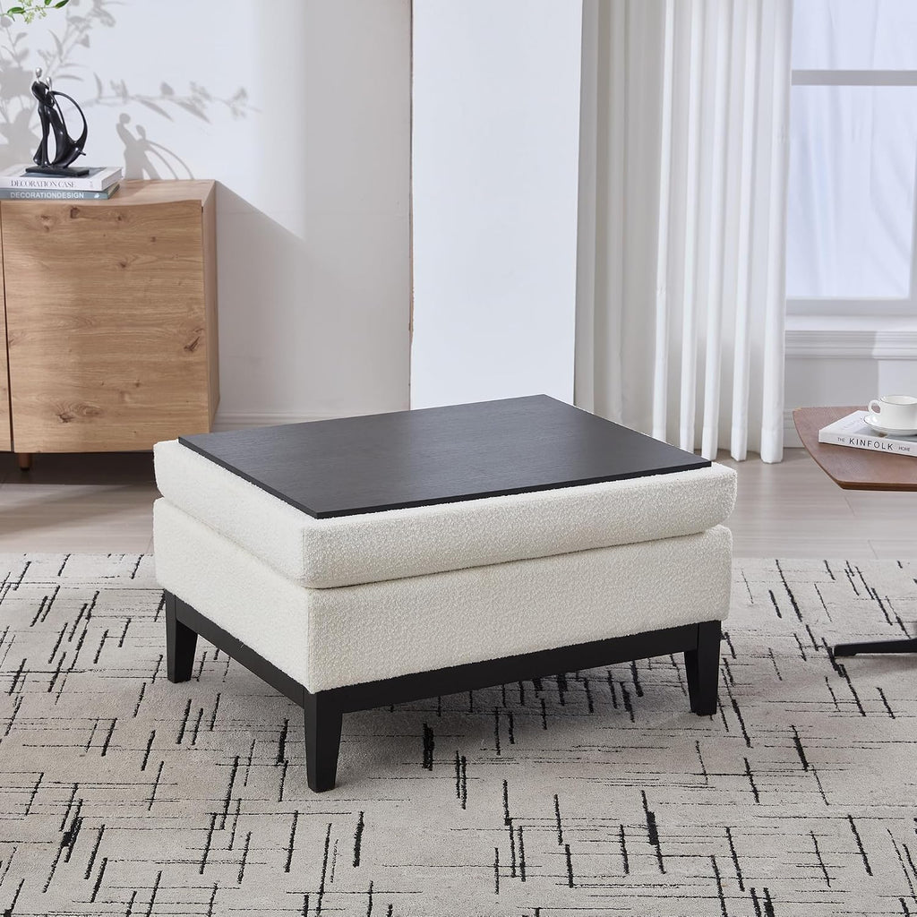 Setawix 33.86" Large Storage Ottomans for Living Room,Boucle Upholstered Ottoman Coffee Table with Tray,Mid Century Modern Ottoman Seat with Storage Footrest for Bedroom (Ivory+Black Legs)