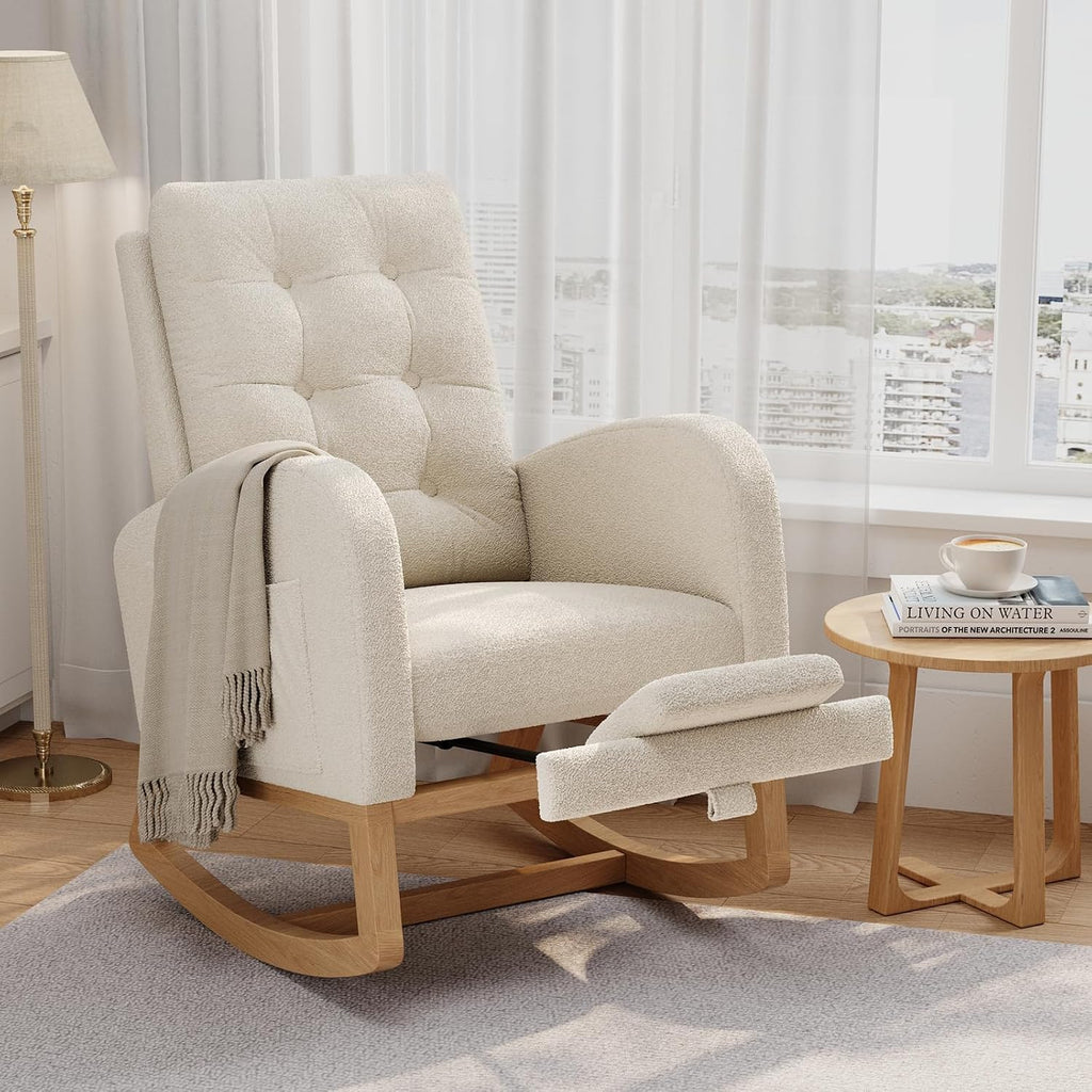 GarveeHome Nursery Rocking Chair with Adjustable Footrest, Teddy Fleece Upholstery, Sturdy Wooden Legs & High Backrest, Comfortable Glider Rocking Chair for Living Room or Bedroom, White