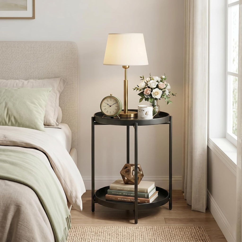 TeoKJ 2 Tier Round Side Table, Folding Round Metal End Table Small Nightstand with Two Removable Tray for Bedroom Living Room Bedside Small Spaces Black