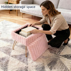Vanity Stool Chair with Storage, Faux Fur Soft Padded Ottoman with Coffee Table, Modern Vanity Chair Fluffy Footstool with Metal Legs for Makeup, Living Room,Bedroom Pink