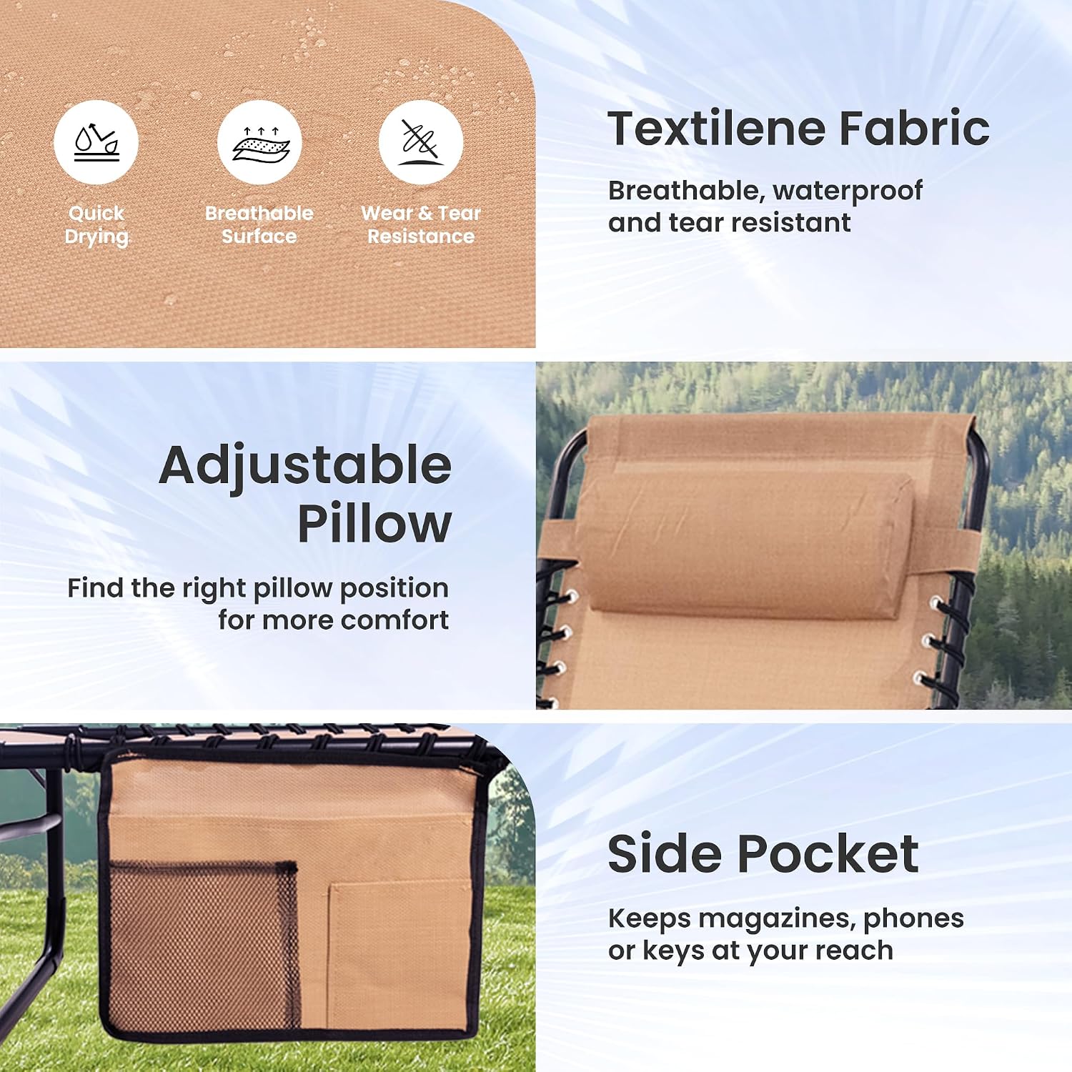 2 Pack Outdoor Folding Chaise Lounge 5-Position Adjustable Recliner 400LB Heavy Duty Portable Patio Camping Beach Chair, Beige