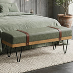 DUOMAY Industrial Modern PU Rectangle Ottoman Bench with PU Strap and Metal Legs, Mid Century Dining Table Bench Footstool Entryway Shoe Bench for Bedroom Dining Room Living Room, Green