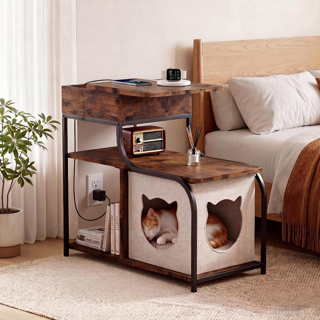 End Table with Charging Station, 3-Tier Sofa Side Table Sliding Top for Living Room, Bedside Table with Storage, Modern Curved Frame Accent Sofa Nightstand for Small Spaces Apartment, Black & Brown