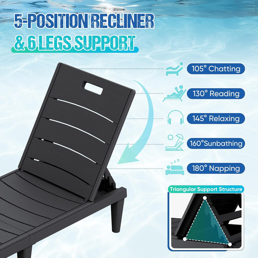 Greesum Outdoor Chaise Lounge Chair Set of 2, Waterproof 5-Position Adjustable PP Sun Loungers for Patio, Poolside, and Beach Sunbathing, Black