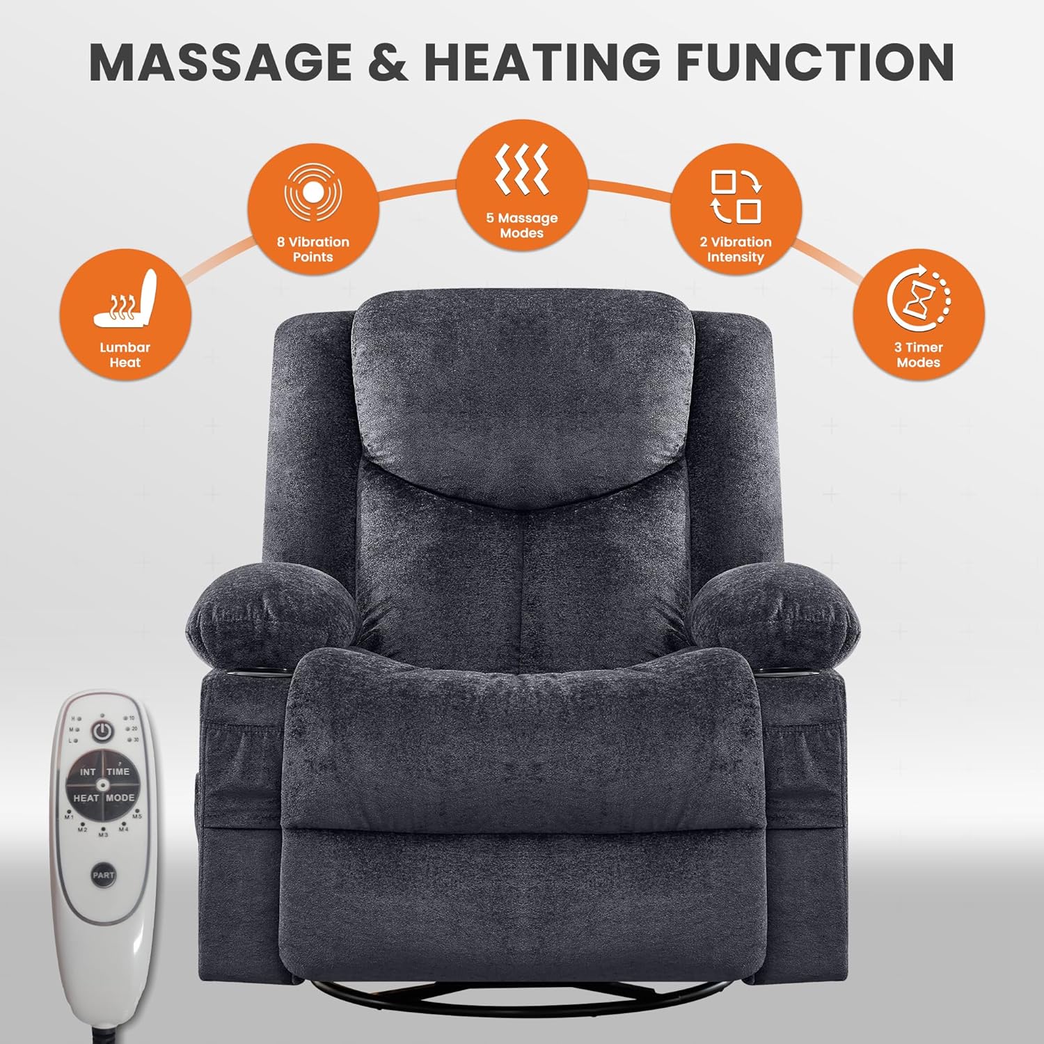 Swivel Recliner Chair for Adults,Oversized Rocker Recliner with Massage and Lumbar Heat,Rocking Chair with Side Pocket,2 Cup Holders,for Living Room