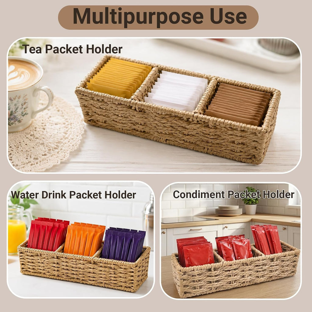 3-Compartment Braided Tea Bag Organizer For Countertop Or Drawer | drawer organizer, small tea coffee pod holder, country style, paper rope, basket, woven, storage bin