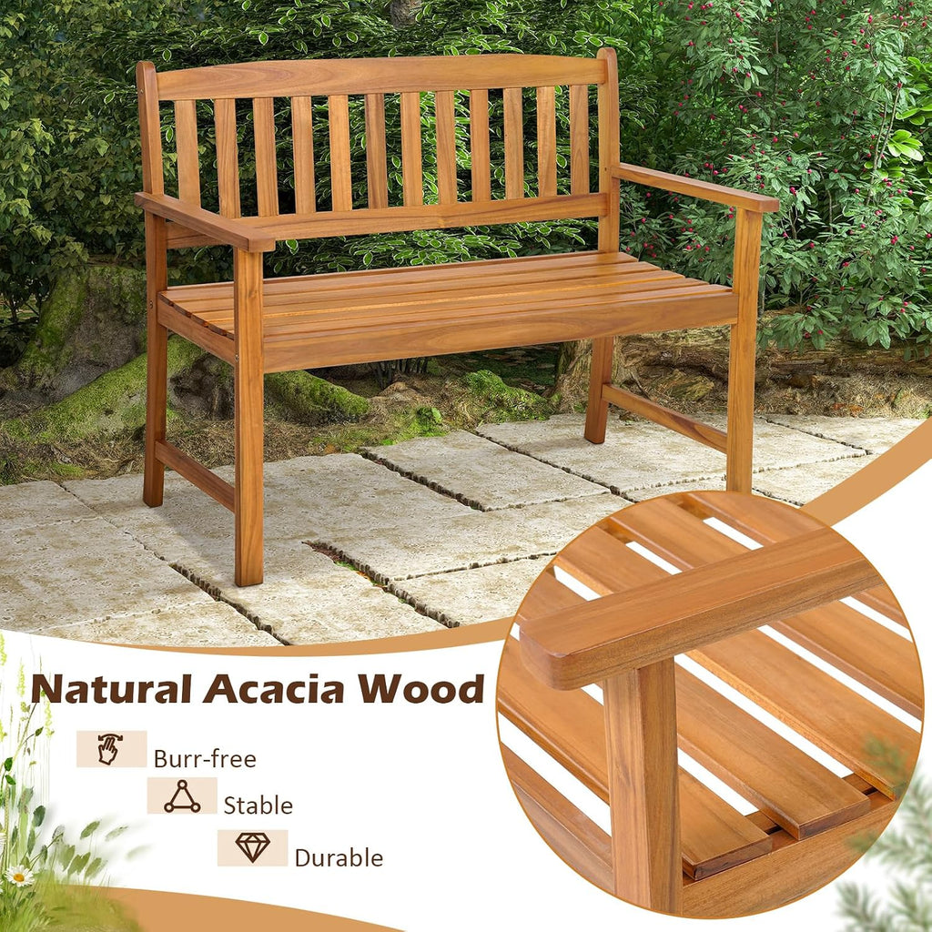 COSTWAY Wooden Bench Outdoor, Sturdy Outdoor Acacia Wood Bench for Garden, Park & Porch, 43”L x 22”W x 34”H, Teak
