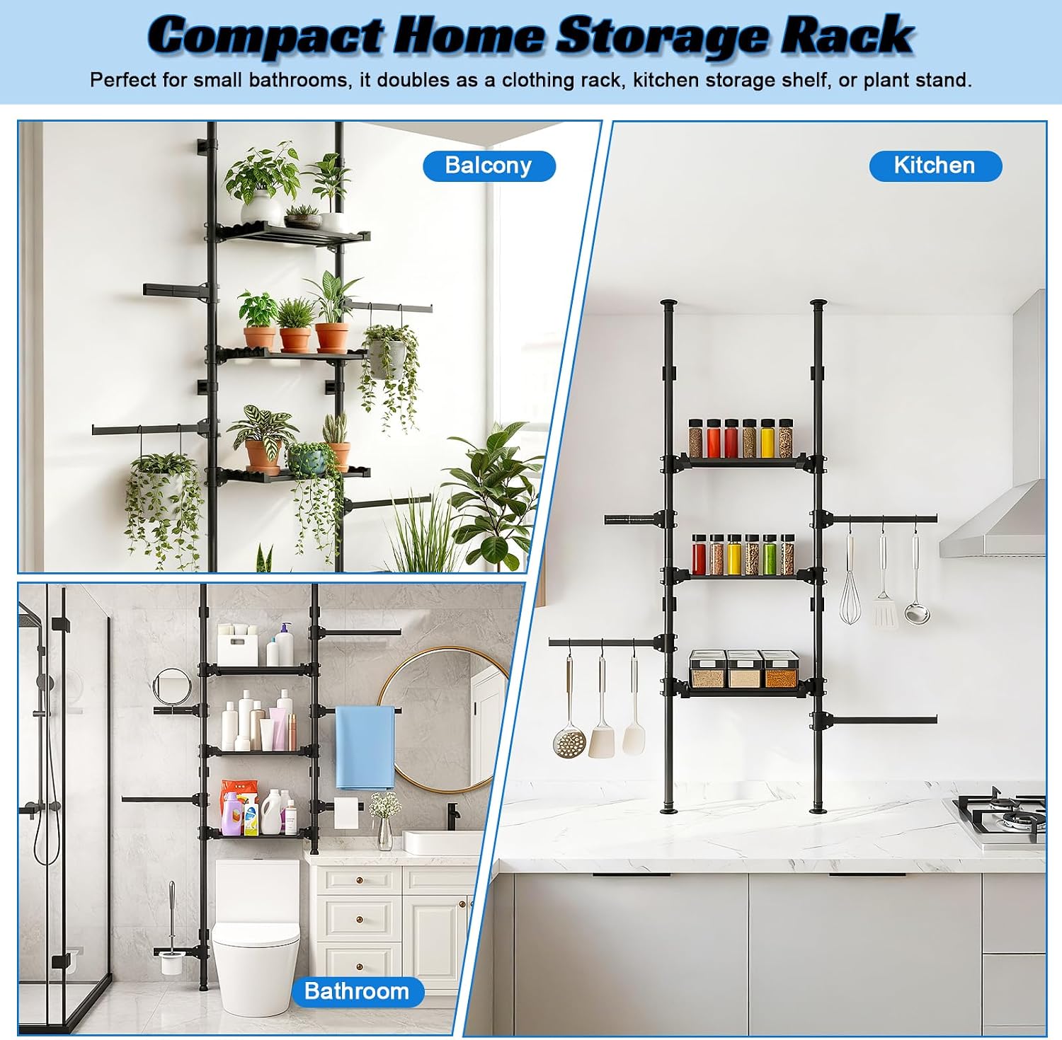4-Tier Over The Toilet Storage Shelf, Adjustable Carbon Steel Bathroom Organizer, No Drill Tension Mount Freestanding Shelving Unit for Small Rooms, Space Saving Above Behind Toilet