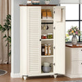 DWVO 4-Tier Storage Cabinet with 2 Shutter Doors, Farmhouse Kitchen Pantry Cabinet with Adjustable Shelves, Wooden Cabinet for Kitchen, Dining Room, Living Room, Office, Rustic White