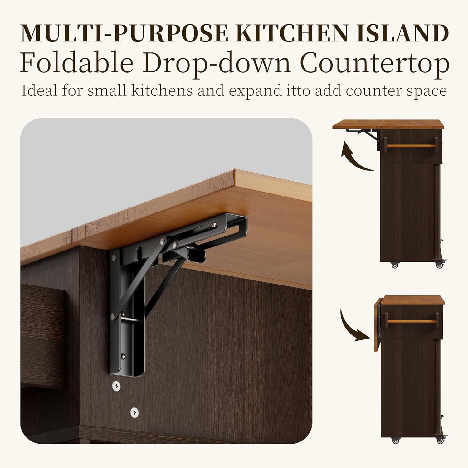 DHH Rolling Kitchen Island with Drop Leaf Countertop&Ample Storage - 39.4" Small Mobile Kitchen Cart On Wheels with Sliding Door,Drawers,Spice Rack & 2-Tier Storage (Dark Walnut)