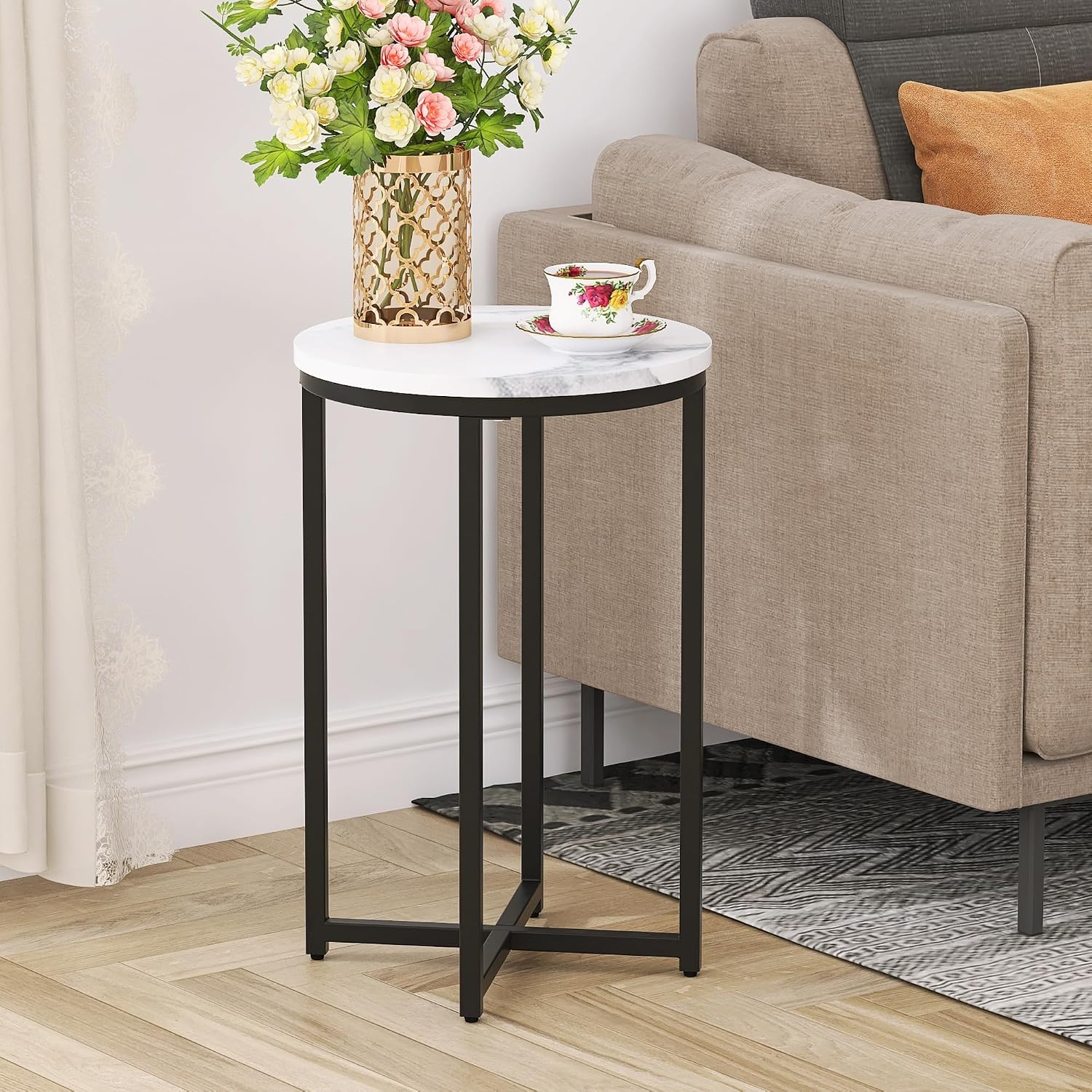 Modern Side Table with Faux Marble MDF Top, Black Metal X-Base, Compact End Table for Small Spaces Living Room Bedroom, Stable and Easy to Assemble