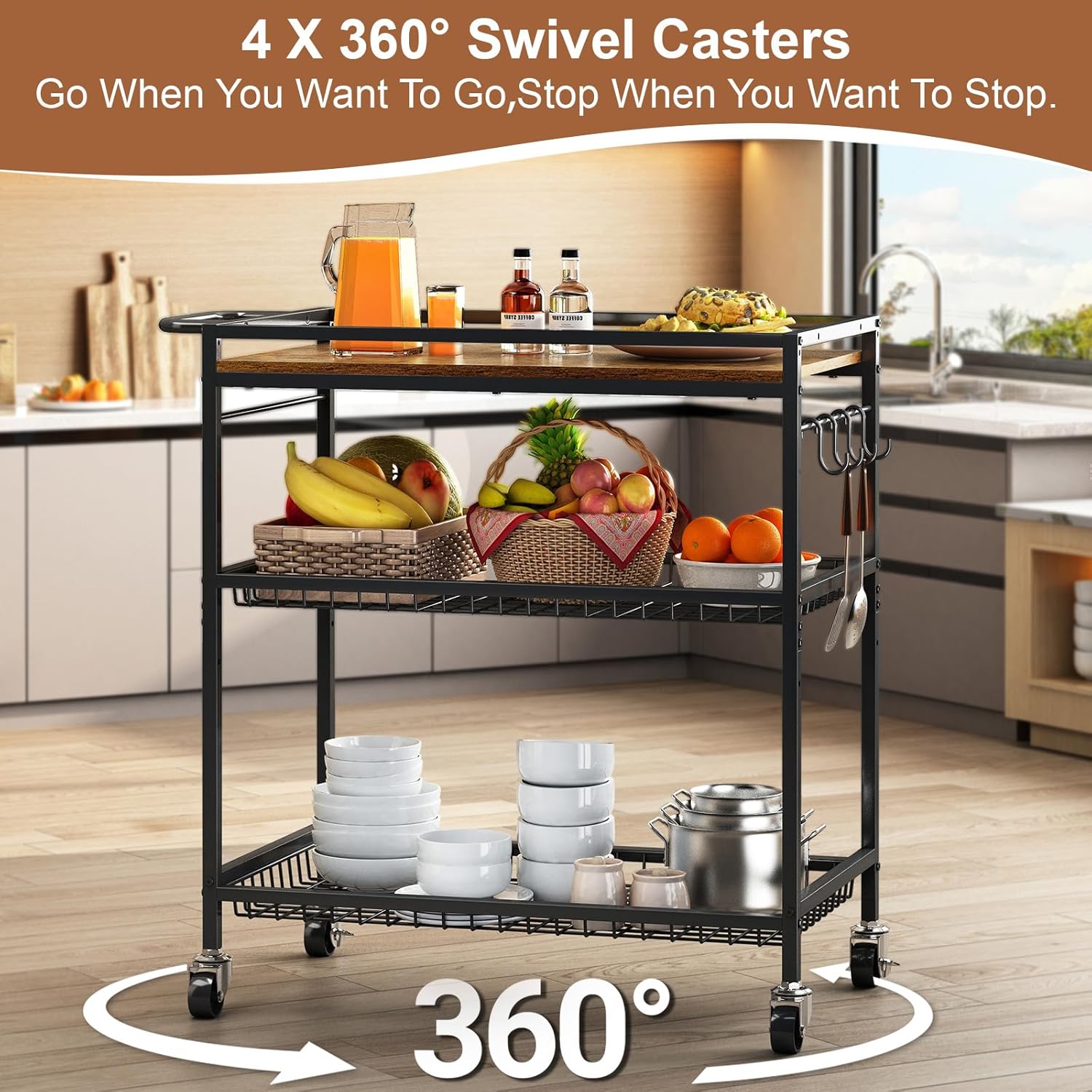 3 Tier Heavy Duty Rolling Kitchen Cart with Handle & Locking Wheels – Metal Utility Storage Cart for Kitchen, Laundry Room, Garage & Office – Supports Over 150 lbs Mobile Organizer Shelf