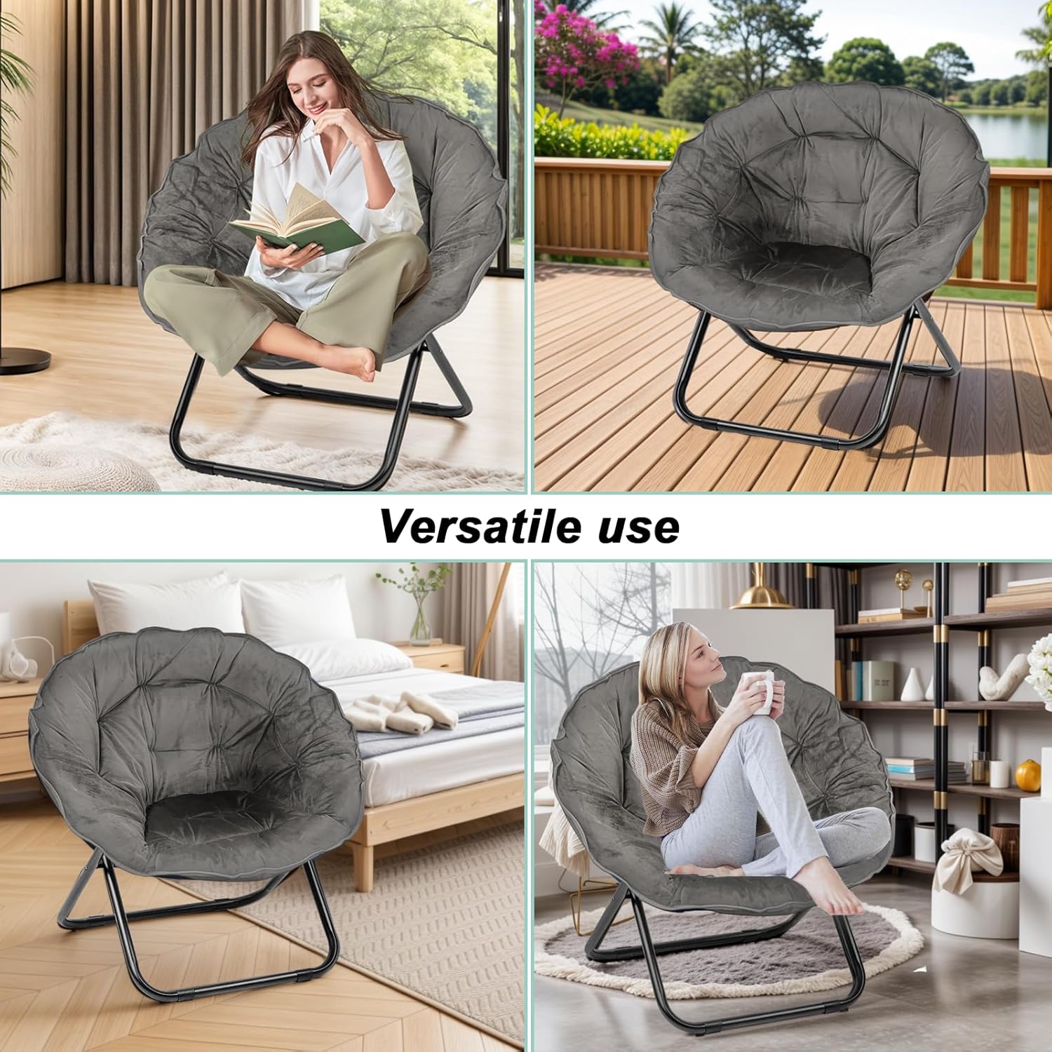 Folding Saucer Chair, Faux Fur Saucer Chairs for Adults Teens, Comfy Moon Chairs with Metal Frame for Bedroom, Living Rooms, Apartments, Camping, Lounging, Garden and Courtyard (Grey)