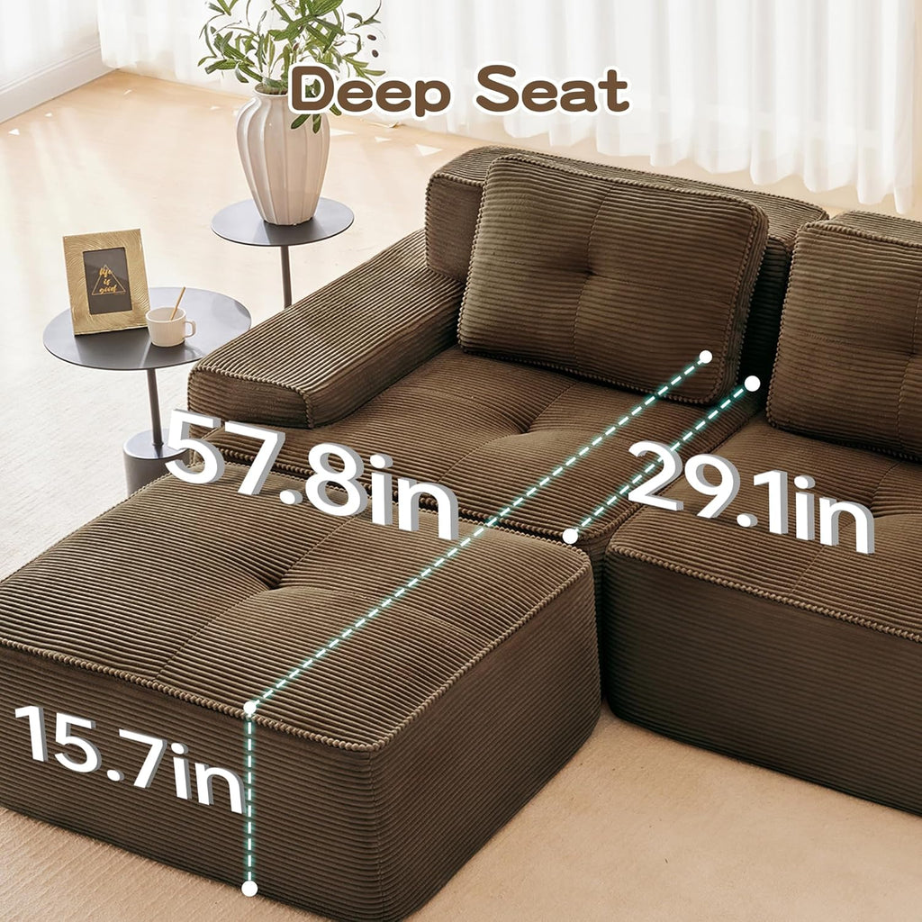 Oversized Modular Sectional Sofa, Modern V Shaped Corner Boneless Couch with Ottoman, Comfy 5 Seater Cloud Sleeper Sofa with Deep Seat, Customizable Layout Couches for Living Room, Apartment, Brown