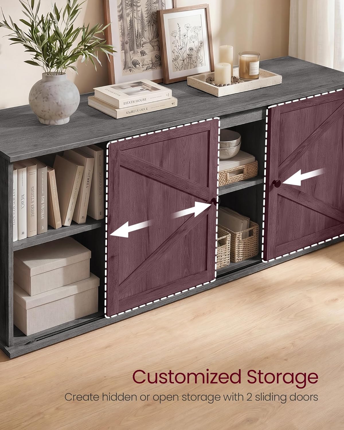 VASAGLE Farmhouse TV Stand for TVs up to 65 Inches, Entertainment Center with Storage Cabinets and Sliding Barn Doors, Media Console Table for Living Room, Grey ULTV535G101