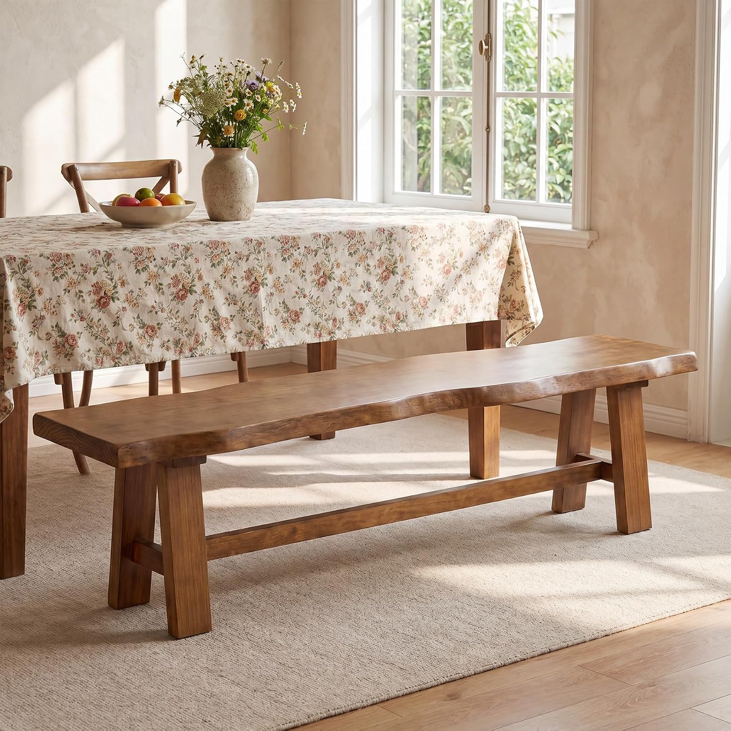63" Long Solid Wood Dining Bench, Farmhouse Entryway Bench with Angled Legs for Dining Room, Kitchen, Entryway, Rustic Brown