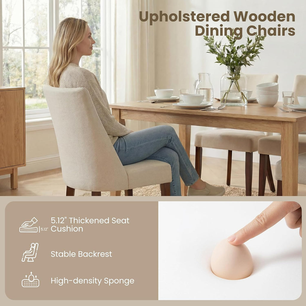 Wooden Dining Chairs Set of 6, Upholstered Farmhouse Fabric Dining Room Chair, Mid Century Kitchen Chair for Restaurant & Cafe, Beige