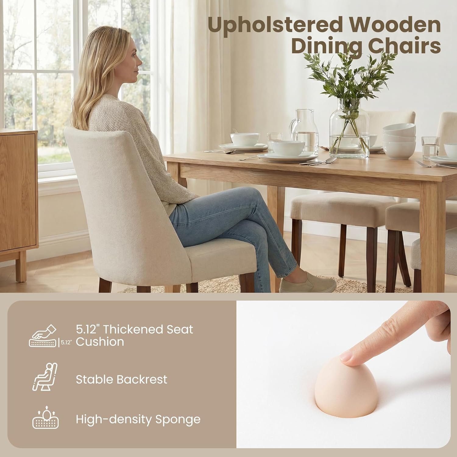 Wooden Dining Chairs Set of 6, Upholstered Farmhouse Fabric Dining Room Chair, Mid Century Kitchen Chair for Restaurant & Cafe, Beige