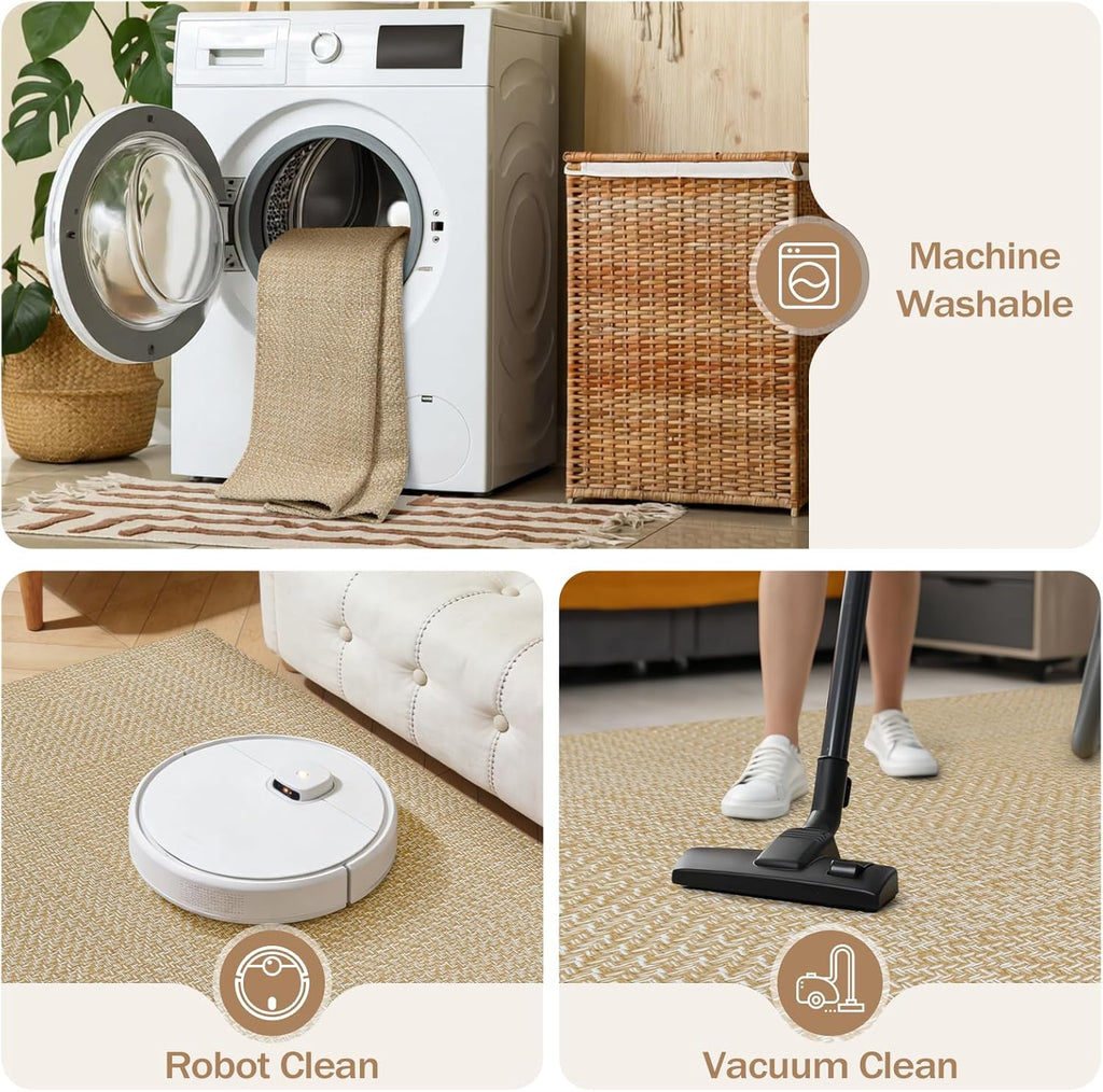 Rugalia Washable Woven Entryway Rug 3x5, Khaki Cotton Indoor Outdoor Doormat Low Plie Non-Slip Kitchen Mat, Modern Natural Floor Carpet for Porch Living Room Bedroom Patio