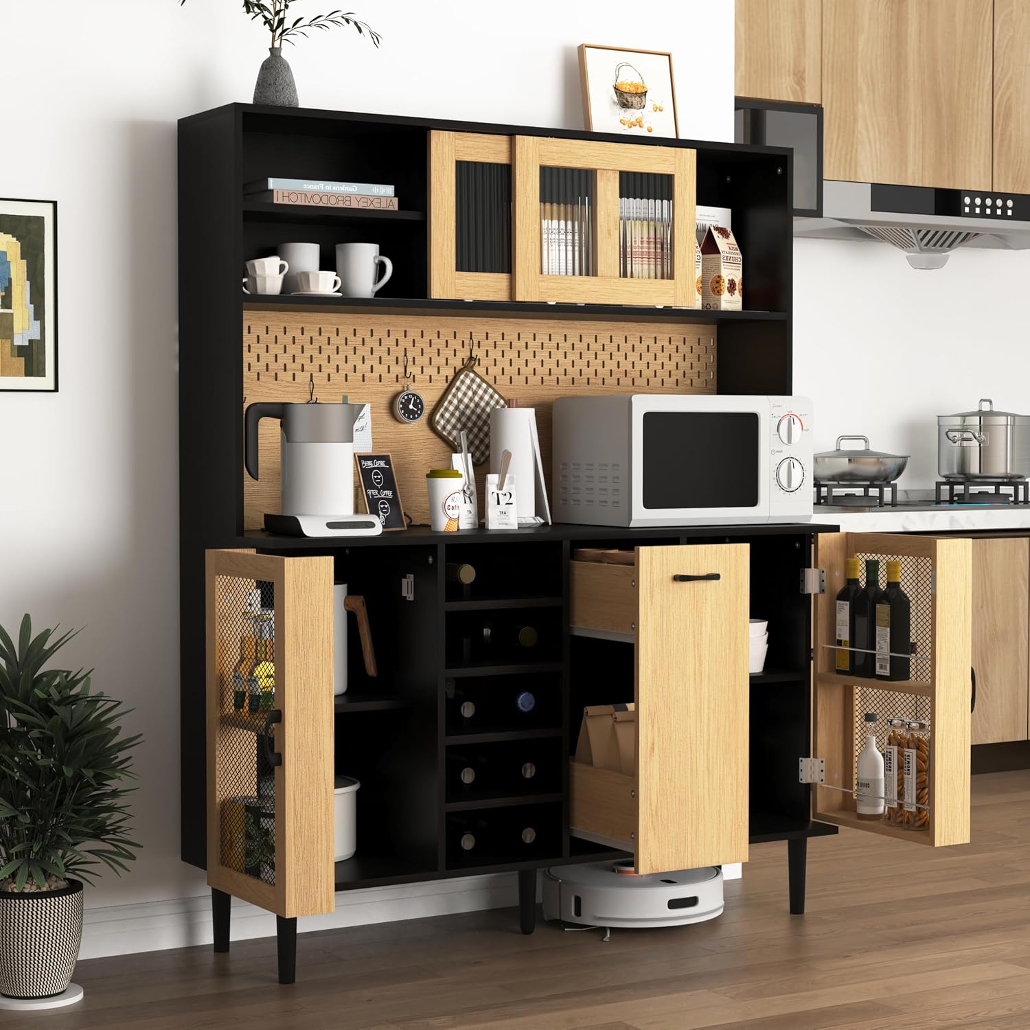 Farmhouse Buffet Sideboard Cabinet with Power Outlet & Wine Rack -59" Height, Coffee Bar Cabinet with Storage Door for Kitchen Pantry Living Room
