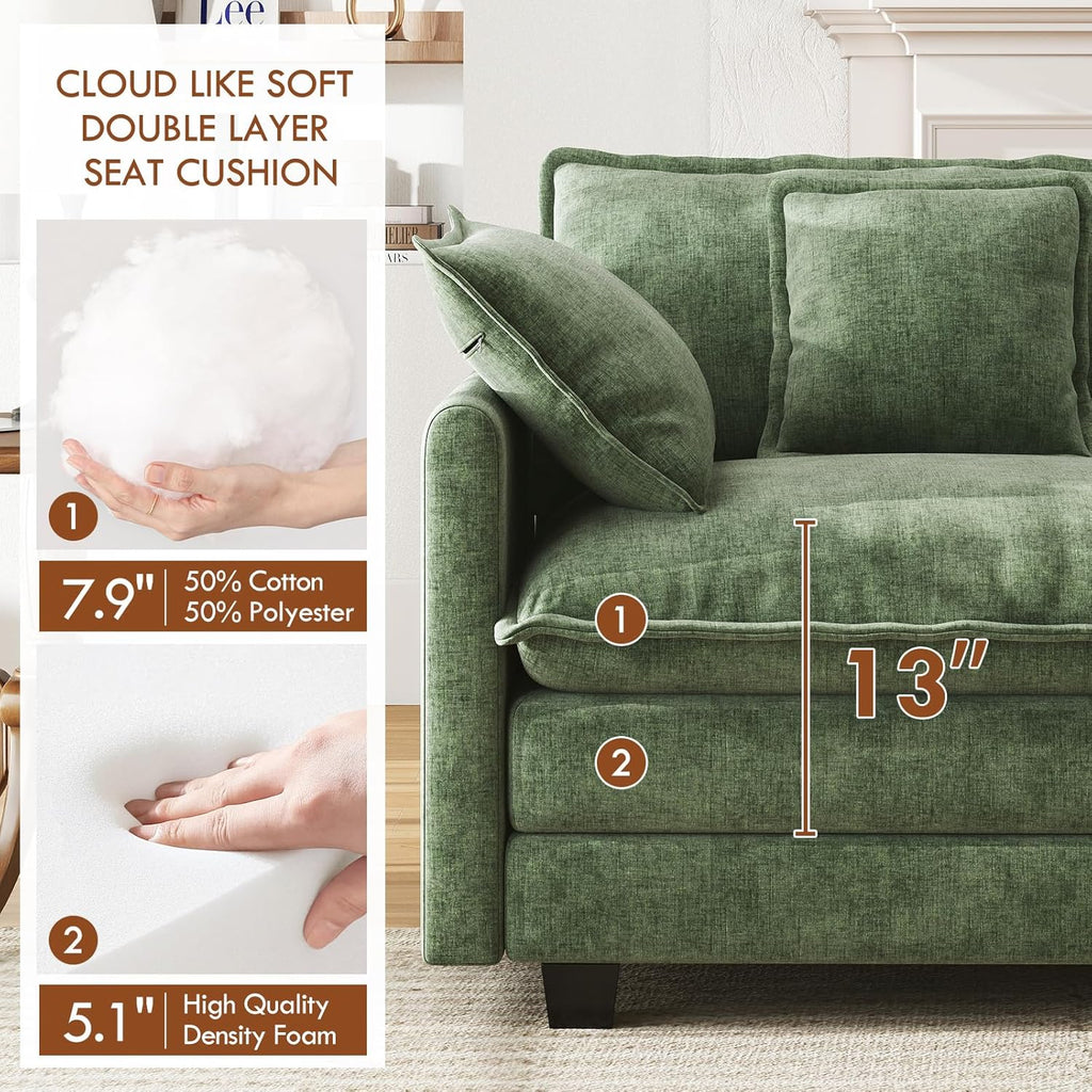 WorthFurni 111.4” Modular Sectional Sofa, U Shape Cloud Couch with 2 Movable Ottoman, Comfy Chenille Deep Seat Sofa with Soft Pillows for Living Room Apartment (Green)