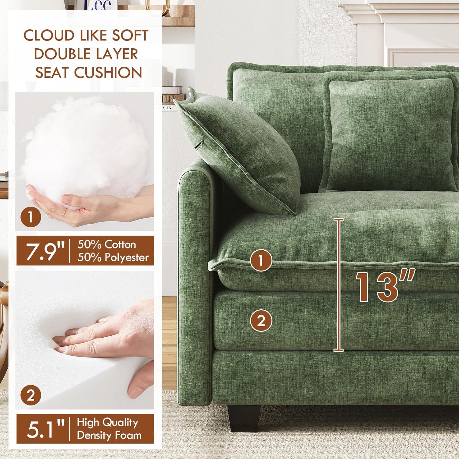 WorthFurni 111.4” Modular Sectional Sofa, U Shape Cloud Couch with 2 Movable Ottoman, Comfy Chenille Deep Seat Sofa with Soft Pillows for Living Room Apartment (Green)