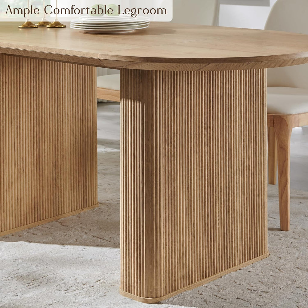 T4TREAM 63" Fluted Oval Dining Table for 4-6, Mid-Century Modern Kitchen Table with Thickened Edge & Strip Pedestal Base, Wood Luxury Table for Dining Room/Kitchen/Home Office,Natural Oak(Table Only)