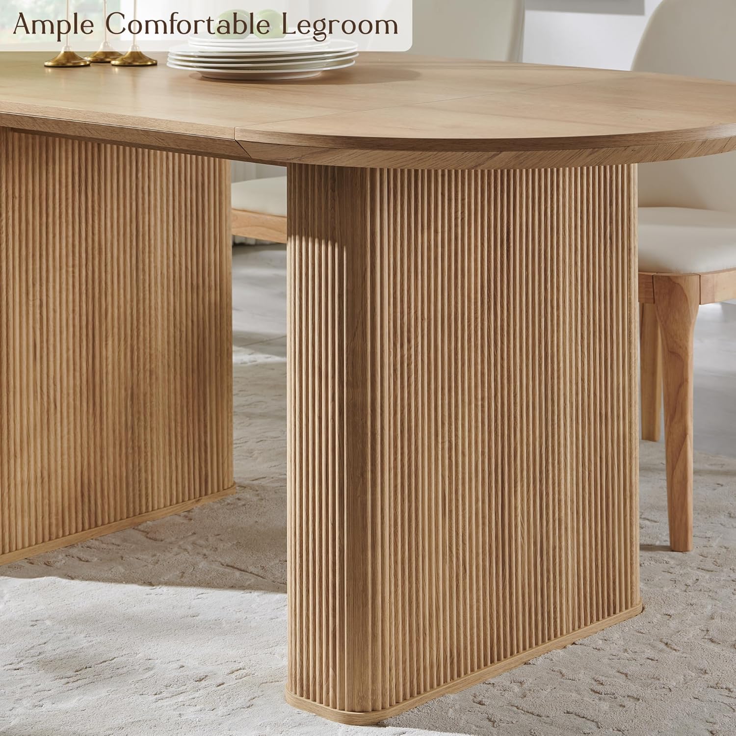 T4TREAM 63" Fluted Oval Dining Table for 4-6, Mid-Century Modern Kitchen Table with Thickened Edge & Strip Pedestal Base, Wood Luxury Table for Dining Room/Kitchen/Home Office,Natural Oak(Table Only)