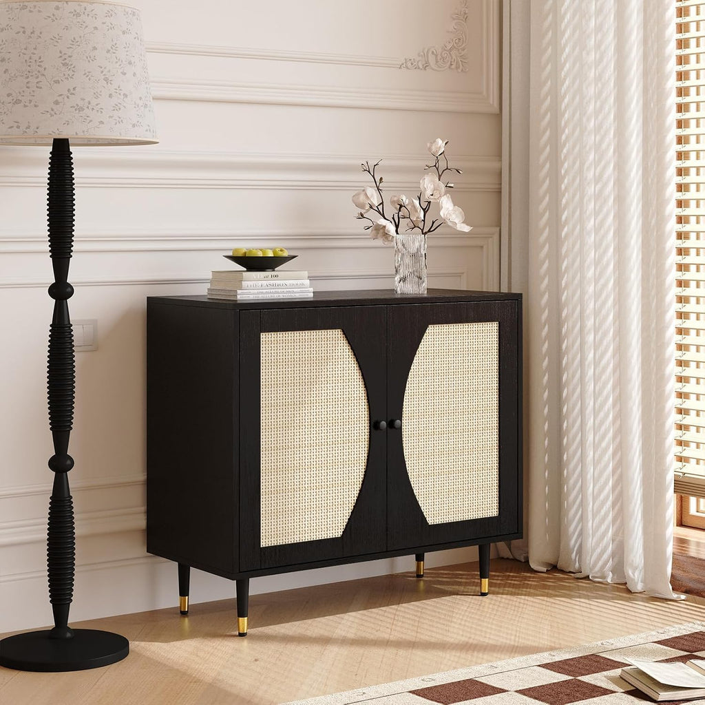 4ever2buy Black Rattan Cabinet, Rattan Buffet Cabinet with Storage, Accent Sideboard Buffet with Adjustable Shelves for Kitchen and Dining Room
