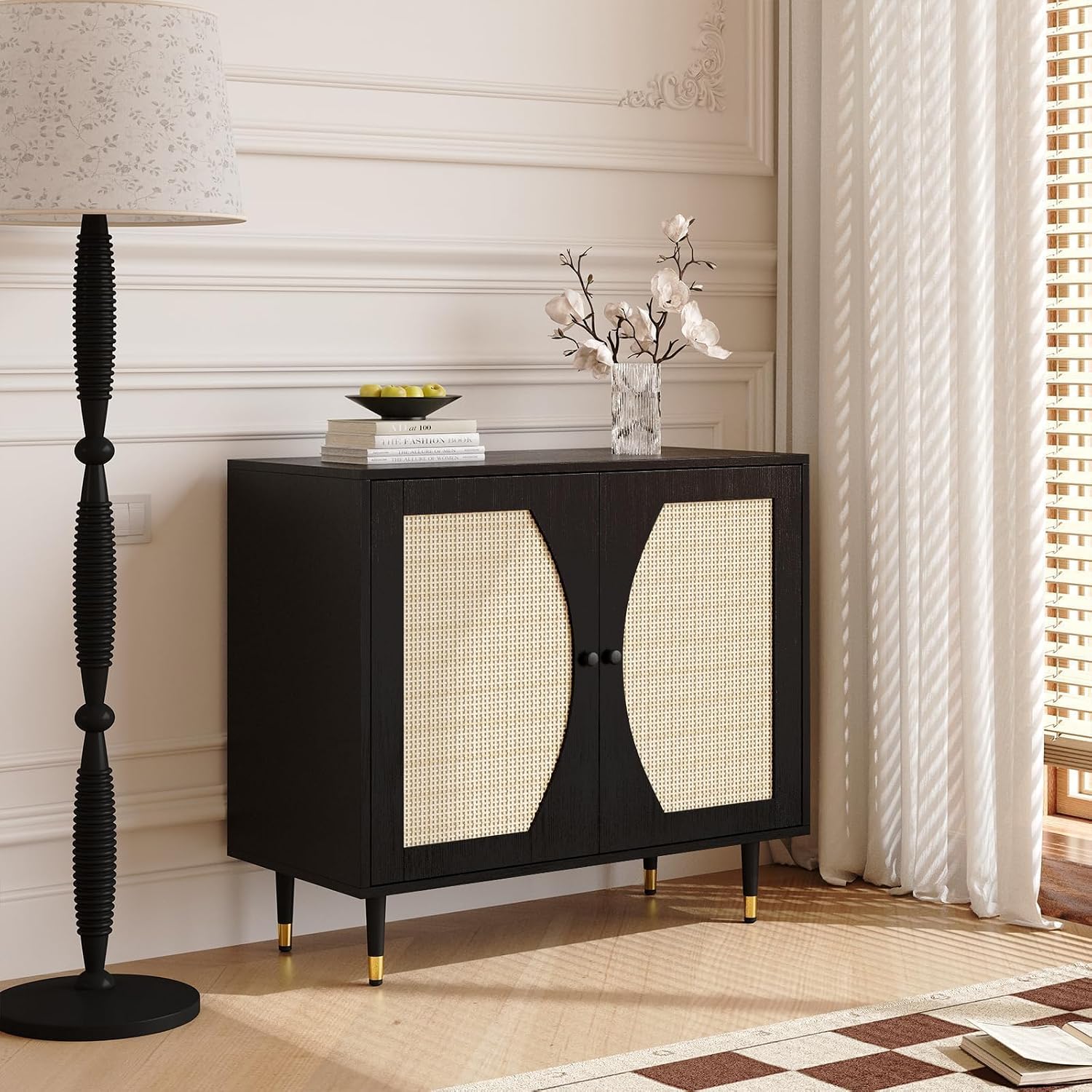 4ever2buy Black Rattan Cabinet, Rattan Buffet Cabinet with Storage, Accent Sideboard Buffet with Adjustable Shelves for Kitchen and Dining Room