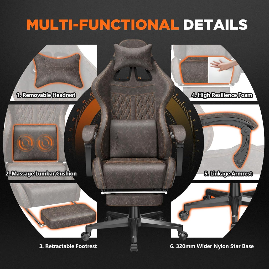 Ferghana Vintage PU Leather Gaming Chair, High Back Gamer Chair with Massage, Ergonomic Computer Office Chair with Footrest for Adults, Racing Style Reclining Video Game Chair Chestnut Brown