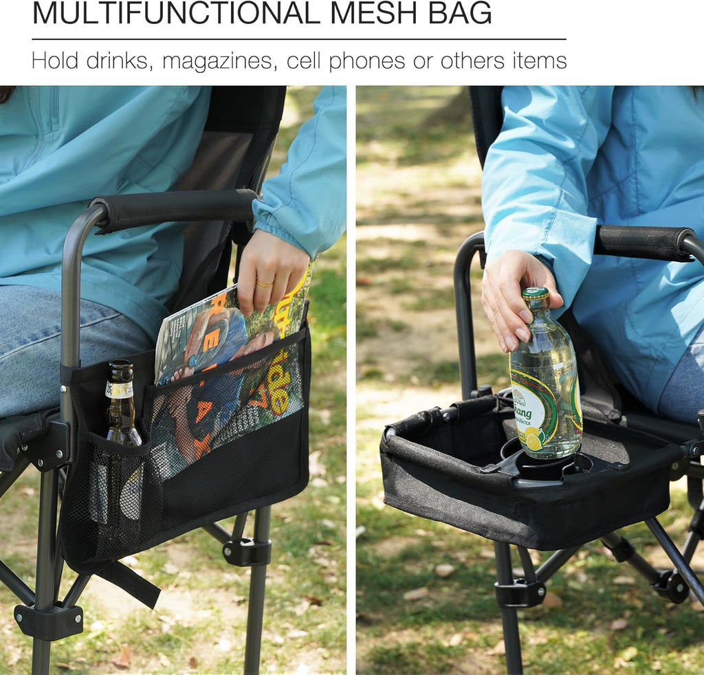 Portable 29" Seat Height Tall Folding Camping Chair High Foldable Directors Chair Bar Height Stool with Side Table and Storage Bag for Makeup Artist, Lawn,Craft Show,Supports 350LBS Black