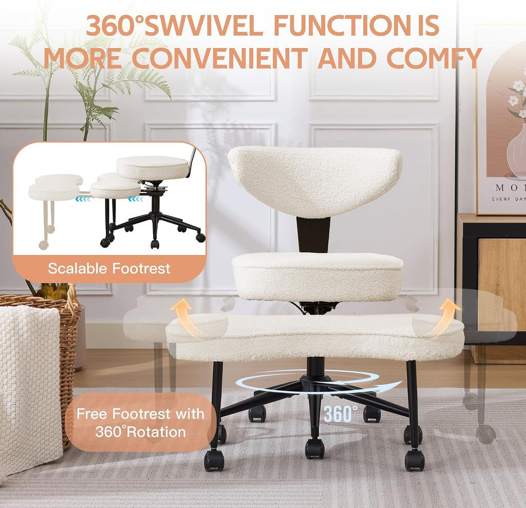 Ergonomic Cross Legged Chair, 360° Swivel Meditation Chair with Wheels - Adjustable Height for ADHD Desk & Yoga, Wide Criss Cross Chair for Home, Beige