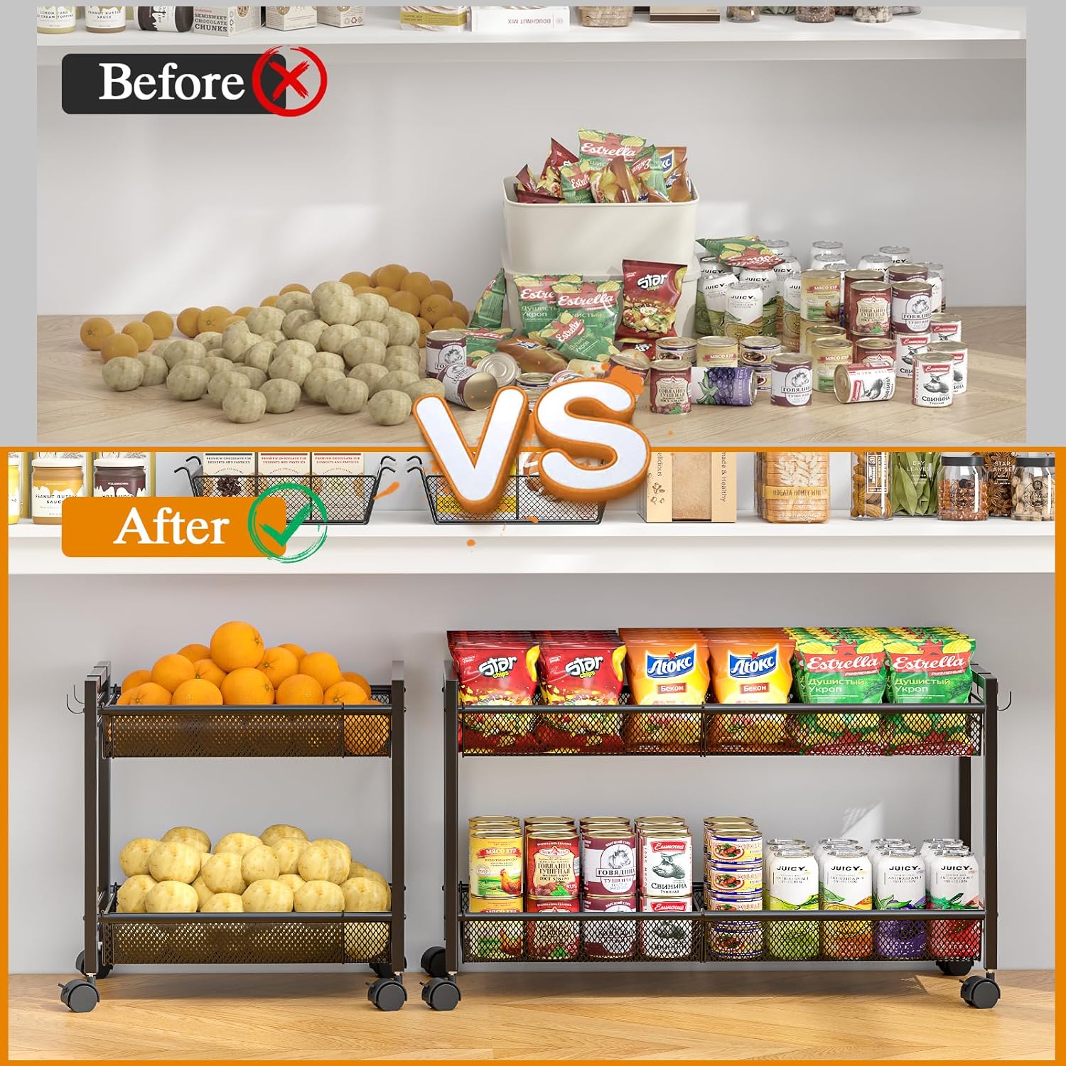 3IngSeagulls 2-Tier Expandable Rolling Pantry Floor Organizer, Stackable Pantry Storage Cart with Wheels, Kitchen Fruit and Vegetable Storage Rack for Onion, Potato, Food, Snacks