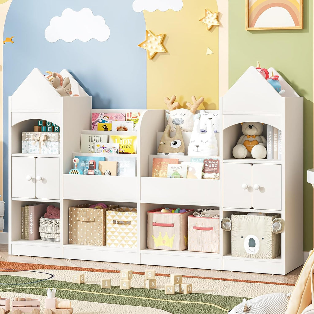 Halitaa Castle Shape Children's Bookshelf, Kids Bookcase Display Case Kids Toy Storage Organizer Multifunctional Storage Cabinet Bookshelf Suitable for Playroom, Children's Room, Living Room, White