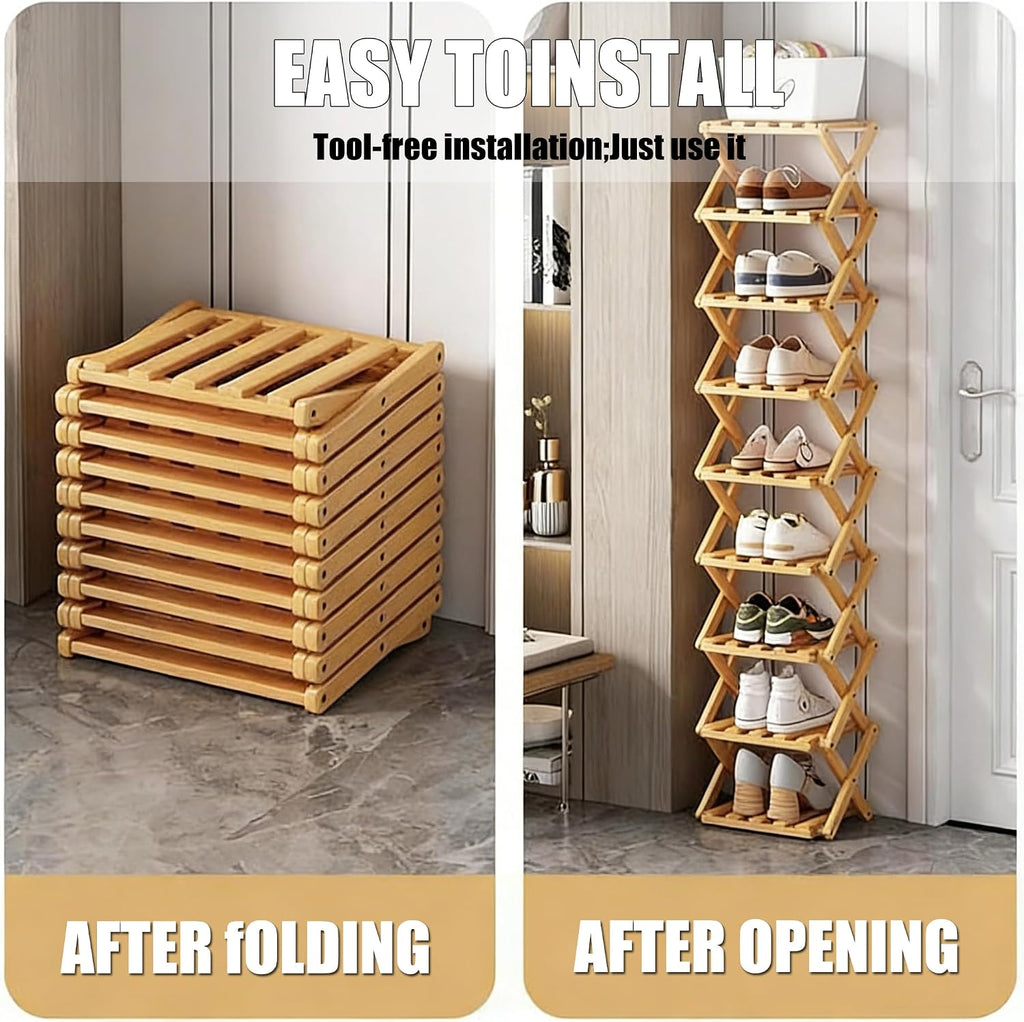 The 9-Tier No-Assembly Bamboo Rack, 2-9 Foldable Tier Bamboo Rack, Space-Saving Organizer for Shoes, No Assembly Narrow Shoe Shelf for Entryway Closet Dorm (Natural, 9 Layers)