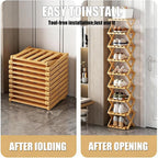 The 9-Tier No-Assembly Bamboo Rack, 2-9 Foldable Tier Bamboo Rack, Space-Saving Organizer for Shoes, No Assembly Narrow Shoe Shelf for Entryway Closet Dorm (Natural, 9 Layers)