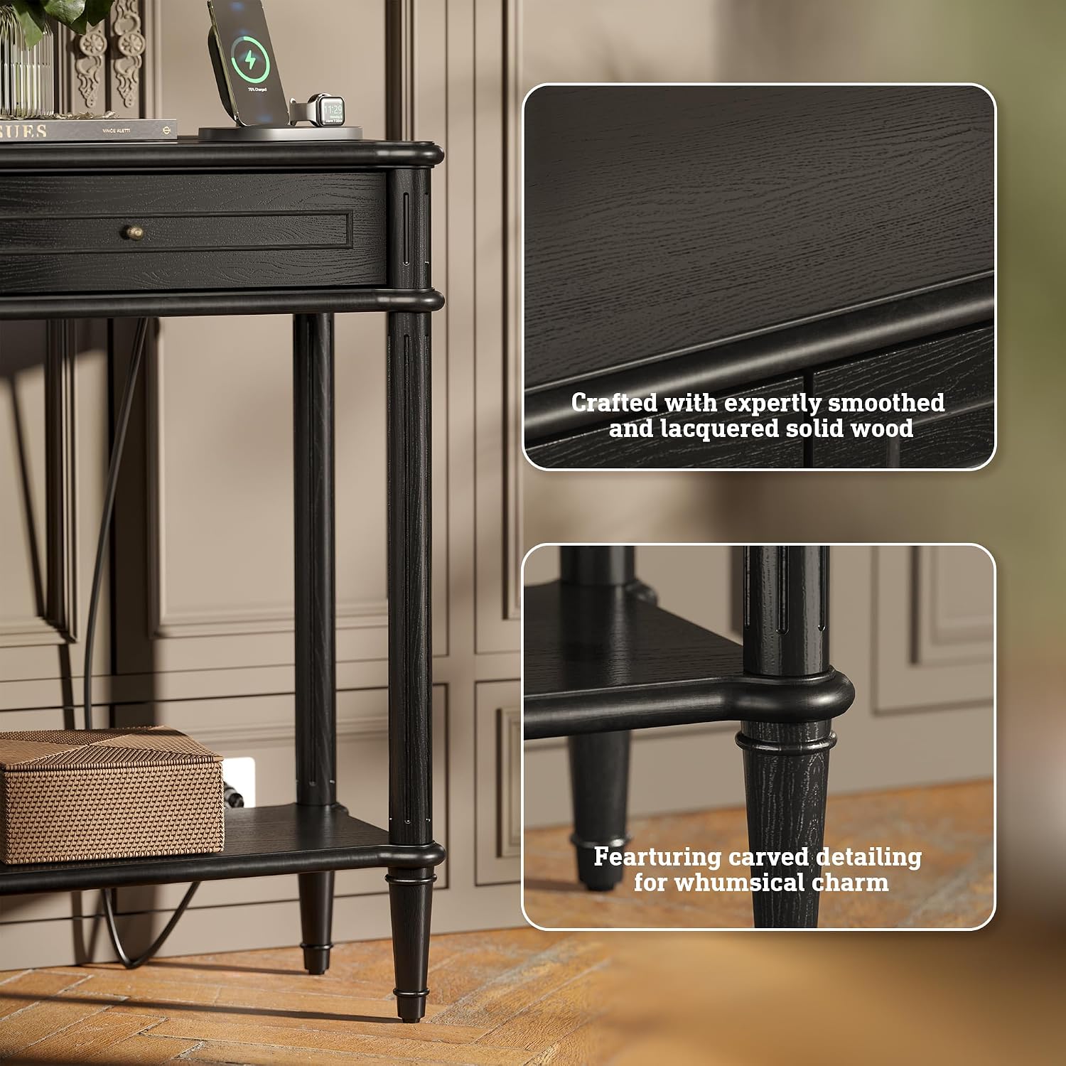 Solid Wood Console Table for Entryway with Charging Station,Retro Entryway Table with 2 Drawers-Easiest Assembly,Sofa Table with Bottom Shelf,Narrow Long Couch Table Behind Sofa for Living Room,Foyer