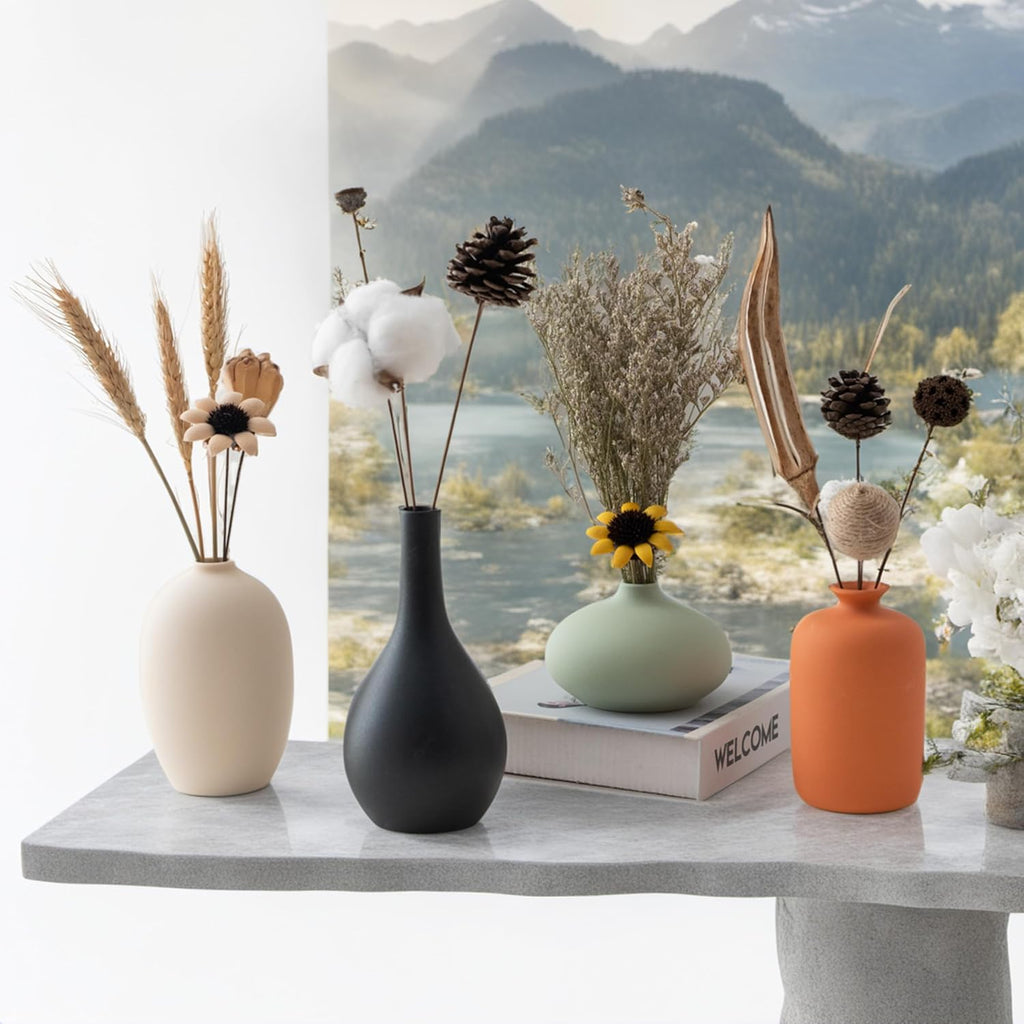 Ceramic Vase Set of 4 with Dried Flowers Round Matte | For Modern Minimalist Bohemian, Pampas Grass, Home, Office, Shelf, Living Room, Bedroom,Entryway Decor
