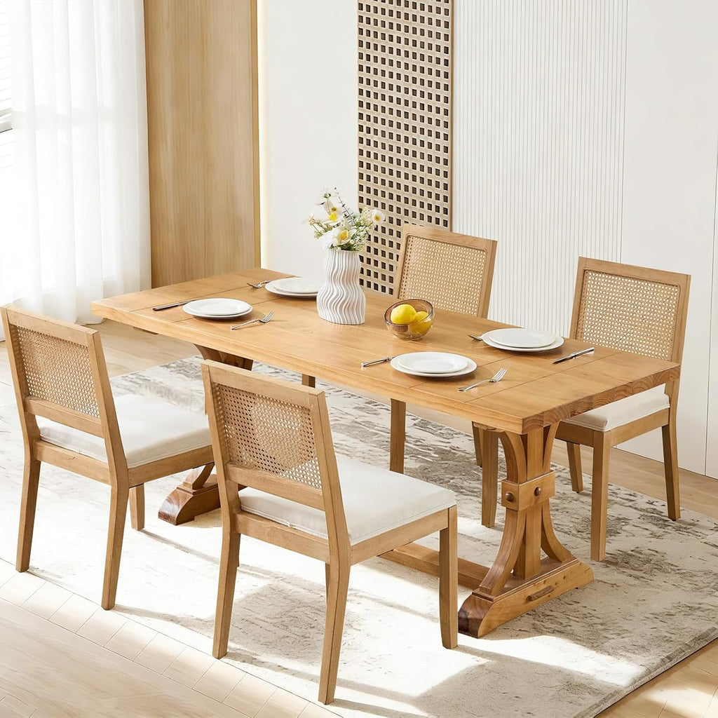 Rattan Dining Chairs Set of 2, French Country Cane Back Upholstered Kitchen Chairs, Solid Wood Farmhouse Side Chairs, Beige