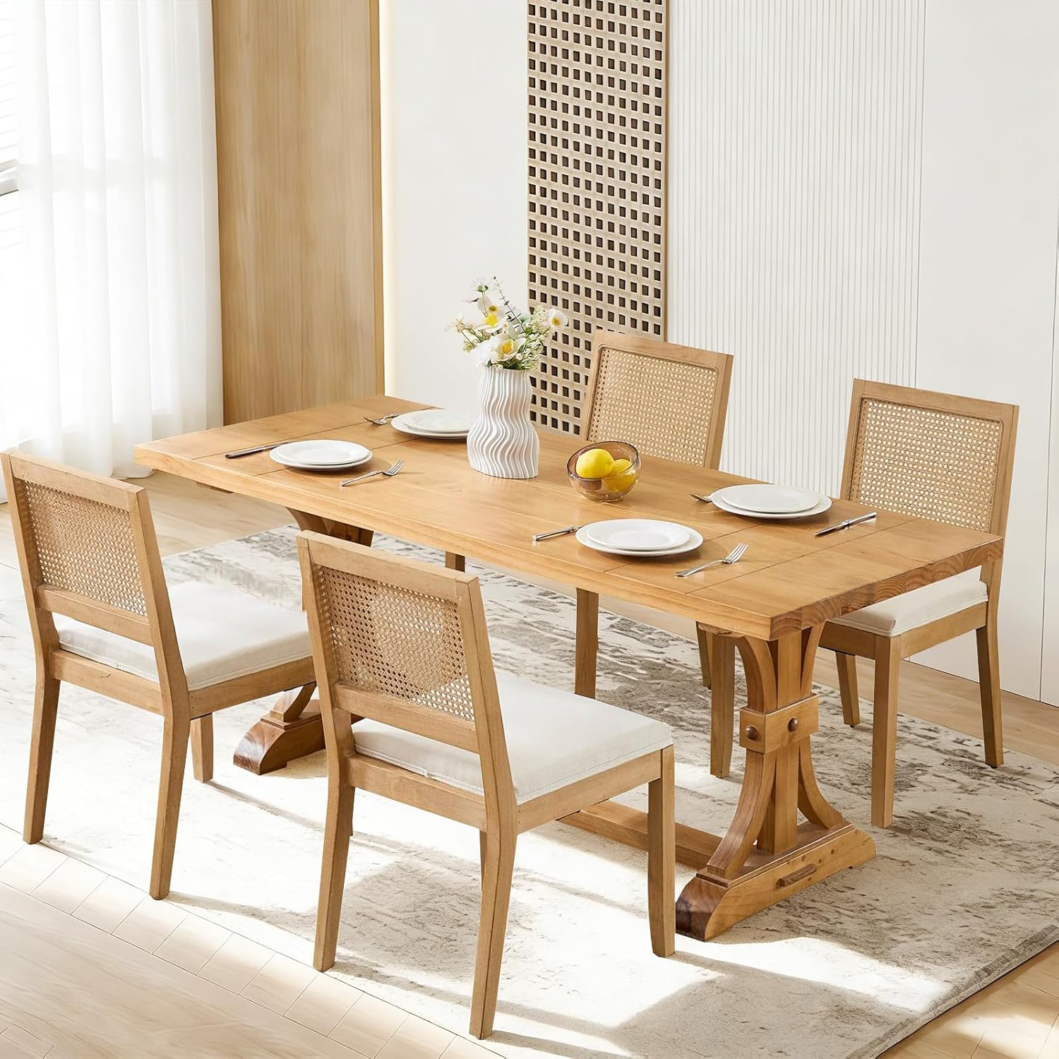 Rattan Dining Chairs Set of 2, French Country Cane Back Upholstered Kitchen Chairs, Solid Wood Farmhouse Side Chairs, Beige
