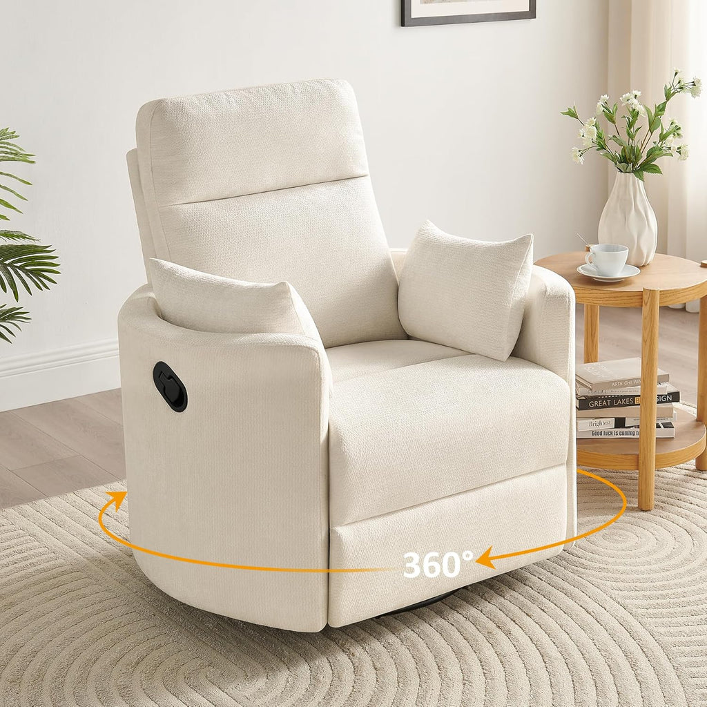 Nursery Rocking Chair, Oversized 360° Swivel Glider Recliner Chair, Chenille Silent Nursery Rocker with 2 Pillows and Footrest, Cozy Reclining Sofa for Living Room, Bedroom, Nursing, Beige