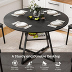 DUMOS 47" Round Dining Table for 4-6, Space Saving Kitchen Table with Dual-Tier Storage, Pedestal Metal Frame, Industrial Farmhouse Circle Dinner Table for Apartment, Black