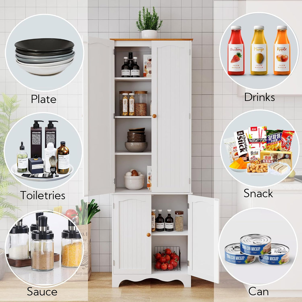 Yusong 72'' Tall Kitchen Pantry Cabinet, Freestanding Storage Cabinet with Doors and Shelves, Wooden Food Pantry Farmhouse Cupboard Buffet for Kitchen Dining Living Room, White